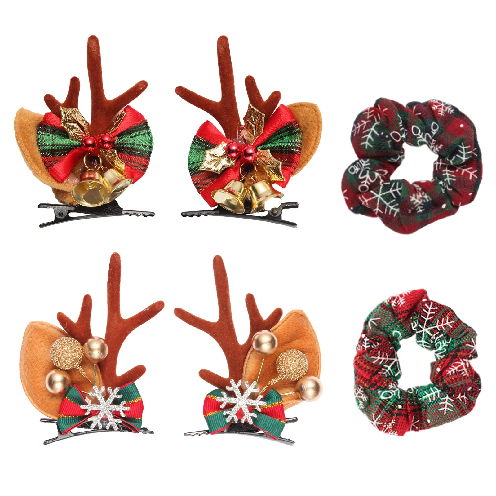 6 PCS Set Christmas Hair Clips Silk Hair Scrunchies, Christmas Hairpin Reindeer Antler Hair Clips Deer Antler Hair Pin Elastic Hairs Ties Accessories for Women Girls