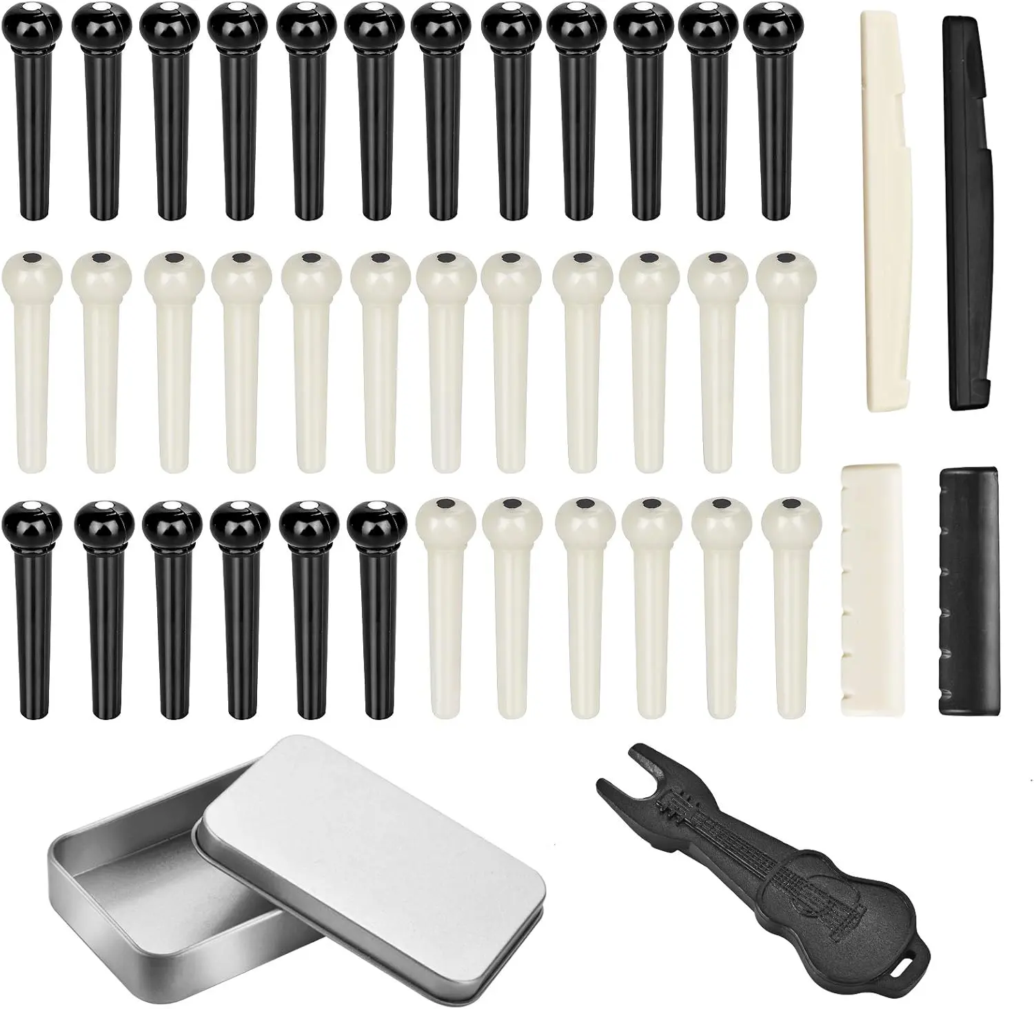 36PCS Acoustic Guitar Bridge Pins Pegs with 2 PCS Guitar Saddle Nut and Bridge Pin Puller Remover, Ivory & Black