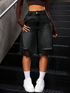 Plus Size Vintage Denim Bermuda Shorts, High Waist Frayed Edge Street Style Streetwear, Trendy Ripped Jeans for Men & Women, Frayed Hem Shorts