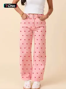 Women's Heart Print Wide Leg Jeans, Casual Loose Fit Denim Jeans, All Season Wear, Elastic Fabric, Perfect for Dates, Pants