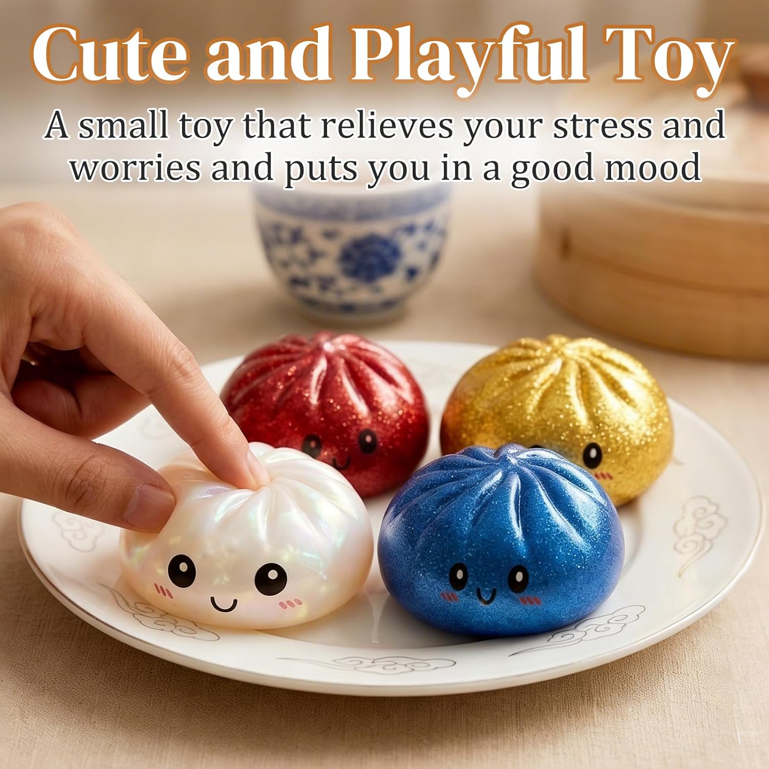 Dumpling Squishy Stress Balls Fidget Toy with Steamer, Slow Rising Sensory Squeeze Toys for Anxiety Relief, Soft Dough Ball for Kids Adults, Mystery Box Gifts for Easter Birthday