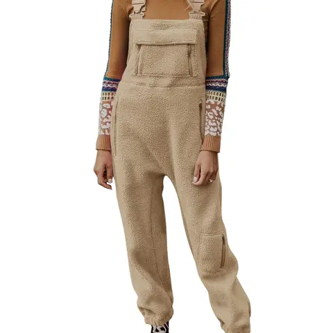 Goranbon Women's Comfy Soft Fleece Warm Overalls - Winter Loose Casual Elastic Ski Jumpsuits with Zipper, Adjustable Straps, Buckle, Back Pockets, Hang Dry (Clothes for Women)