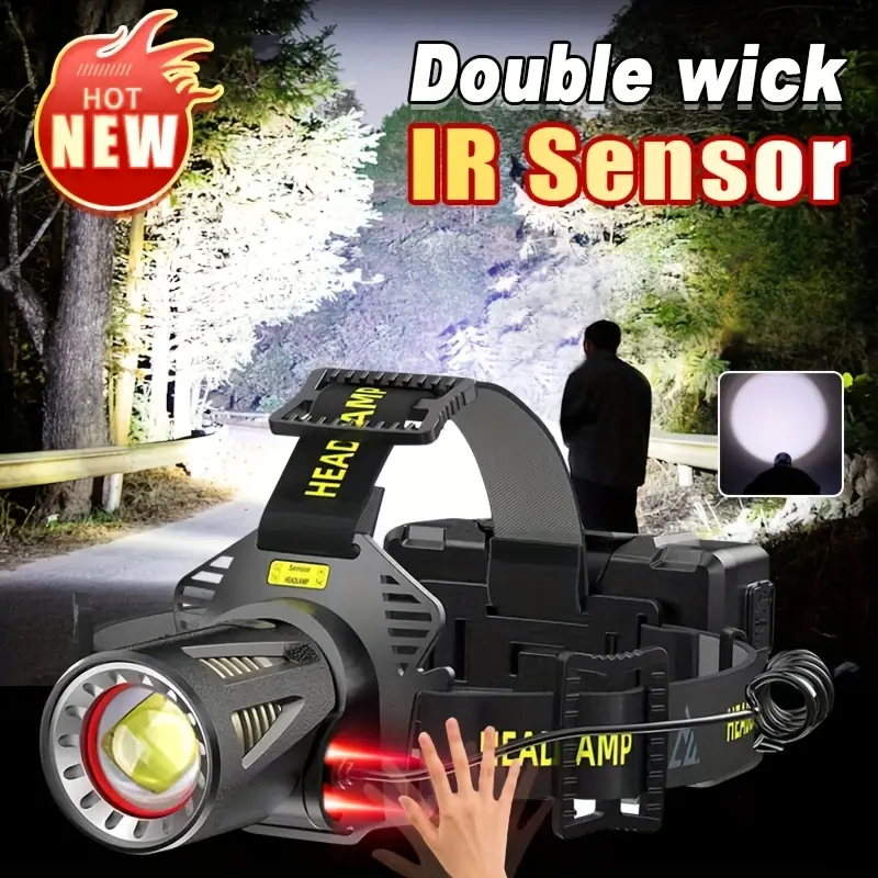 XHP360 Super Bright LED Flashlight - 2000+ Lumens, USB Rechargeable, 3x18650 Batteries, Aluminum Alloy Body, Telescopic Lens, Breathable Adjustable Headband, Safe Locking Position, Infrared Sensing Dual Switch for Night Fishing, Camping