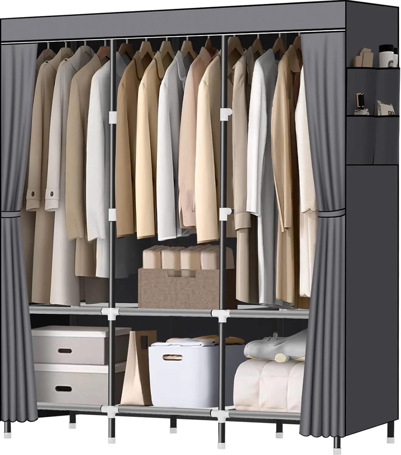 Wardrobe Closet,Portable Closet for Bedroom Steel Pipe Diameter 19mm  and Sturdy Grey Portable Closets for Hanging Clothes with 3 Hanging rods, 6 Storage Shelves and Side Pockets