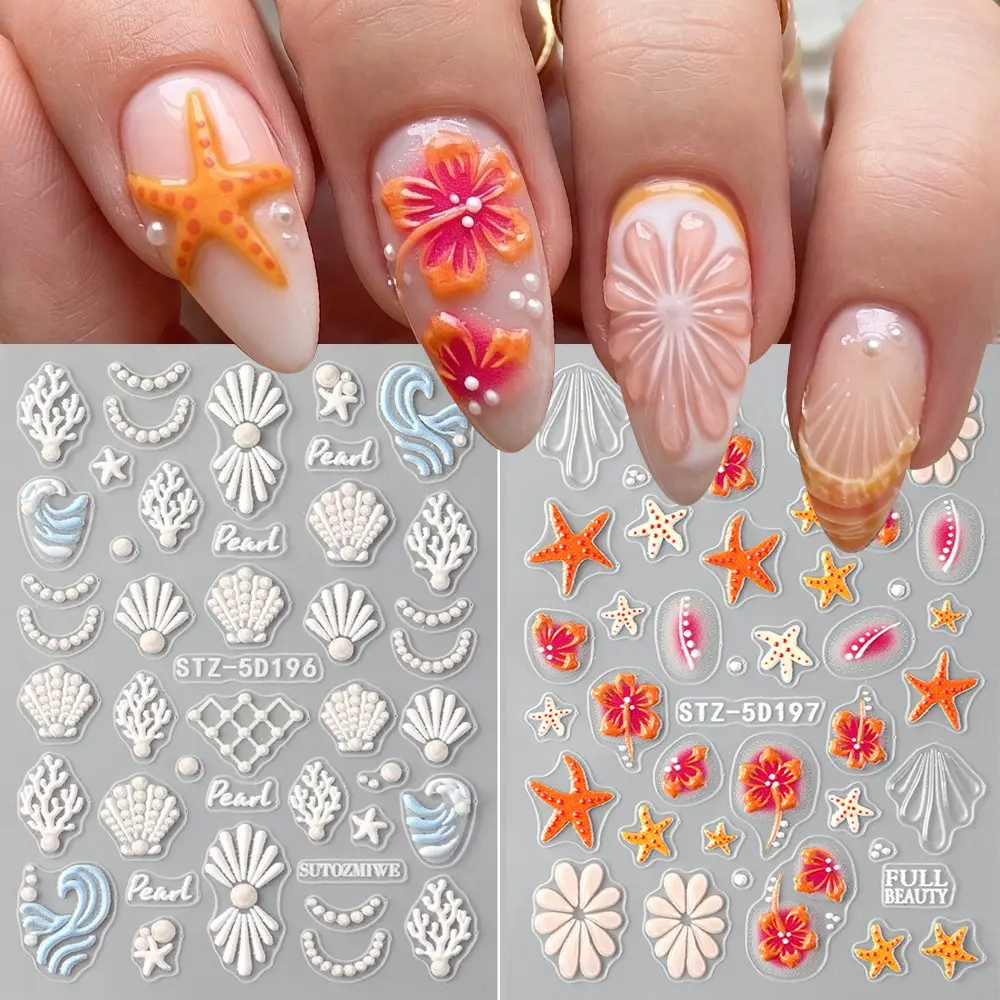 2 Sheets Embossed Summer Ocean Flower Nail Stickers, Wave Pearl Shell Pattern, Colorful Hibiscus Summer Nail Art Decals Sliders Adhesive, DIY Manicure Decorations, Nail Design