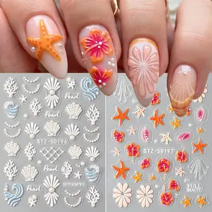 2 Sheets Embossed Summer Ocean Flower Nail Stickers, Wave Pearl Shell Pattern, Colorful Hibiscus Summer Nail Art Decals Sliders Adhesive, DIY Manicure Decorations