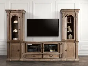Seven Oaks FM5418AK-TV-3PC Traditional Style Weathered Oak Finish Wood Entertainment Center 3 Piece Set with TV Stand & 2 Side Piers 122W x 23.5D x 90H - Shelf