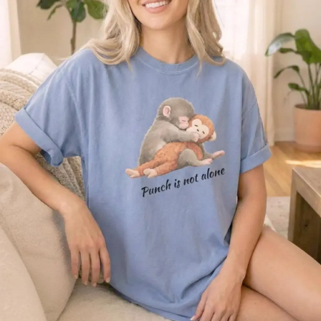 Punch Is Not Alone Baby Monkey Punch Comfort Colors Graphic Tee Ring Spun Cotton Casual Soft Washed T-Shirt Trendy Tops Perfect Gift For Sport Fans