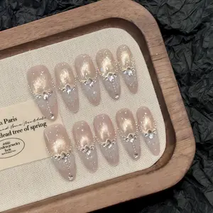 10pcs Pure Hand Pressed Long Nail Art,Nice Fake Nails,Pink Golden Cat's Eye With Shiny Diamond Tassel Pendant,Ideal For Women
