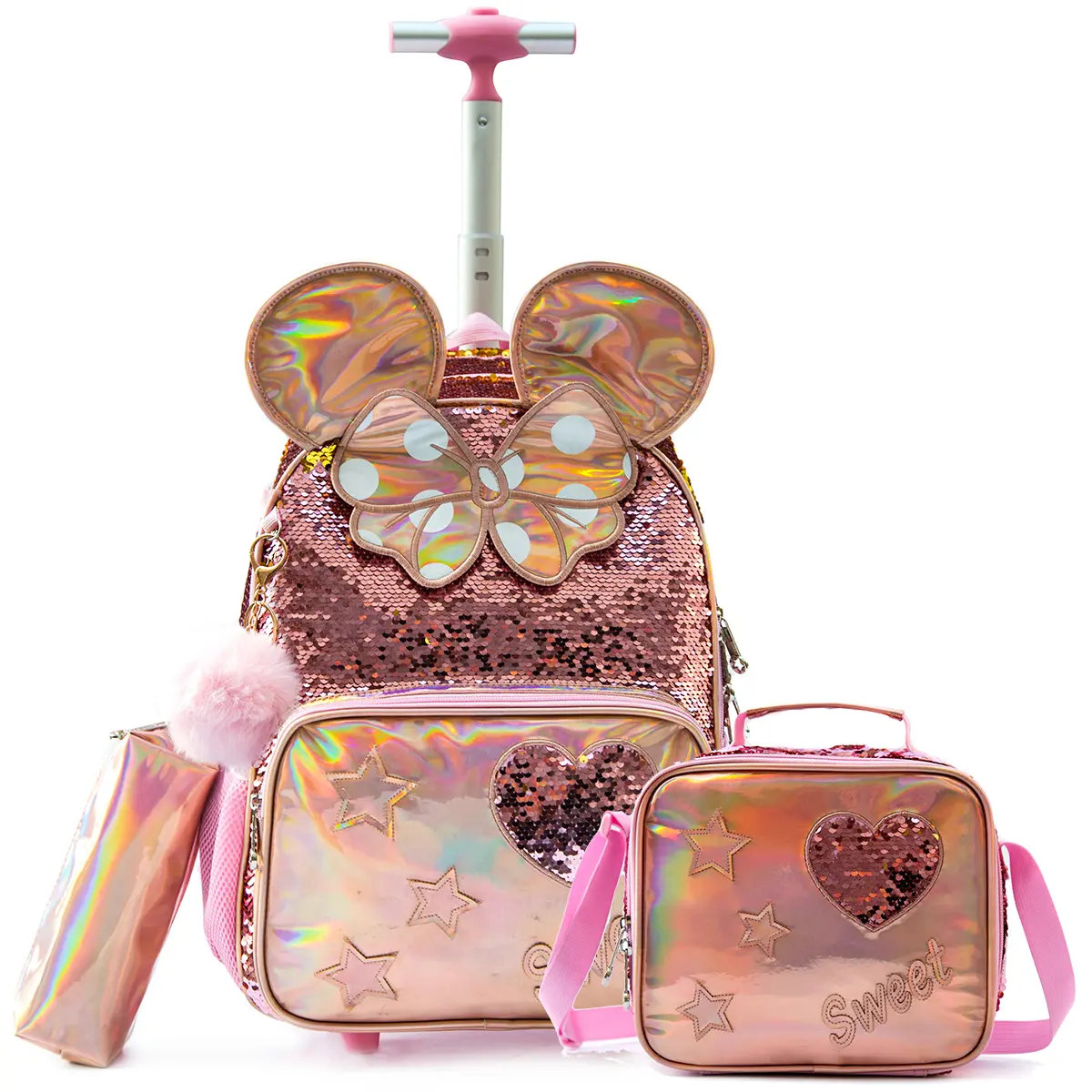 3-Piece Sweet Pink Rolling Backpack Set for Girls | Glitter Wheeled School Bag with Lunch Box and Pencil Case | Waterproof Trolley Bookbag for Elementary School Kids smooth zipper