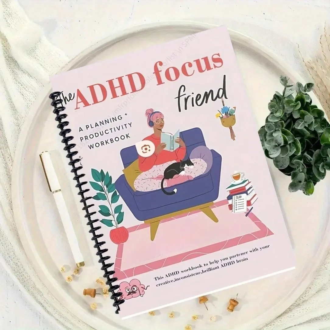 1pc  ADHD Planner, Weekly Planner, ADHD Tips, Creative Coloring Pages, and Goal Setting Plan, in English, with a paper cover, spiral bound, suitable for adults and young people,  5.5x8.3inch