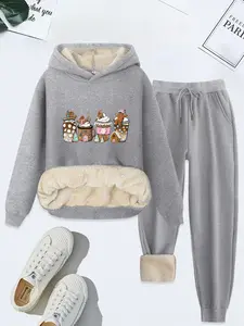 Women's Cartoon Gingerbread Man Print Thermal Lined Hoodie & Drawstring Waist Pants Two-piece Set, Casual Long Sleeve Hooded Sweatshirt & Pocket Trousers for Fall & Winter, Ladies Clothes for Daily Wear