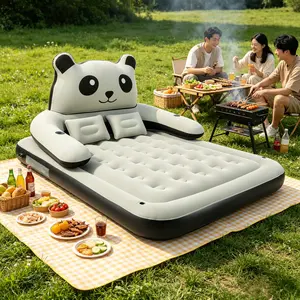 Cute Bear Pattern Inflatable Air Couch Built-in Drink Holders and Soft Pillows, Portable Lounge Bed for Bedroom Picnic Backyard Camping