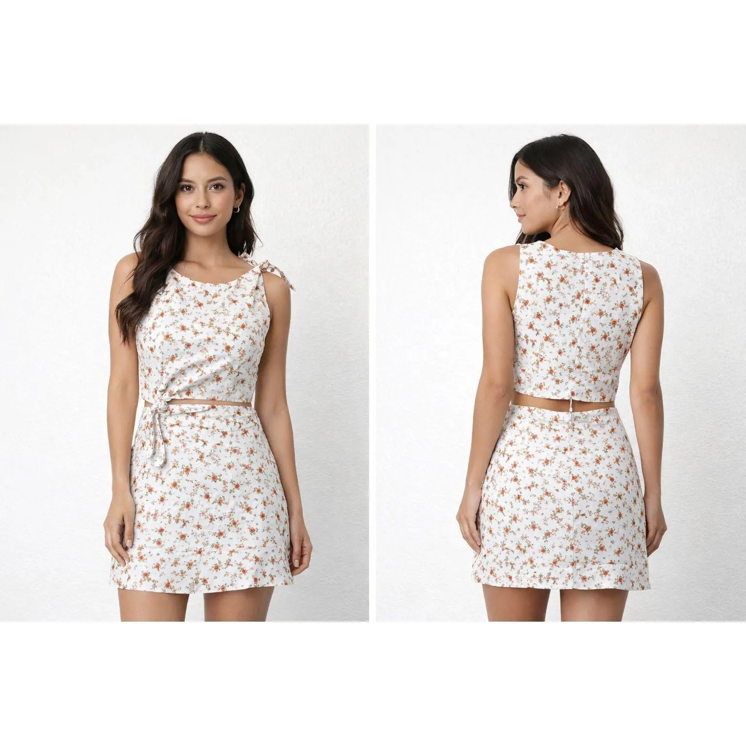 Floral Side-Tie Mini Skirt Set with Sleeveless Crop Top