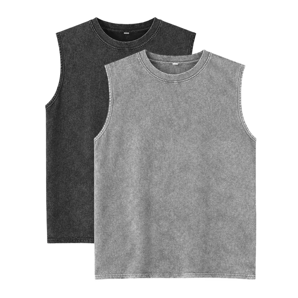 Men’s 2-Pack Vintage Washed Cotton Fashion Sportswear Tank Tops - Sleeveless Crew Neck Fitness Vest Shirts, Suitable for Fitness, Bodybuilding, Two-Pack