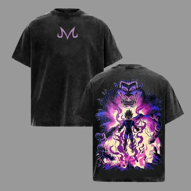 Men's Short-Sleeve Round Neck Baggy Oversize Tee - Acid-Washed Lightweight Cotton Unisex DBZ Majin Vegeta Retro Vintage Streetwear Tshirt, Anime Merch Gift for Fans, Menswear Top, Shortsleeve, Loose, Retro Dbz Energy, Dbz Retro, Graphic
