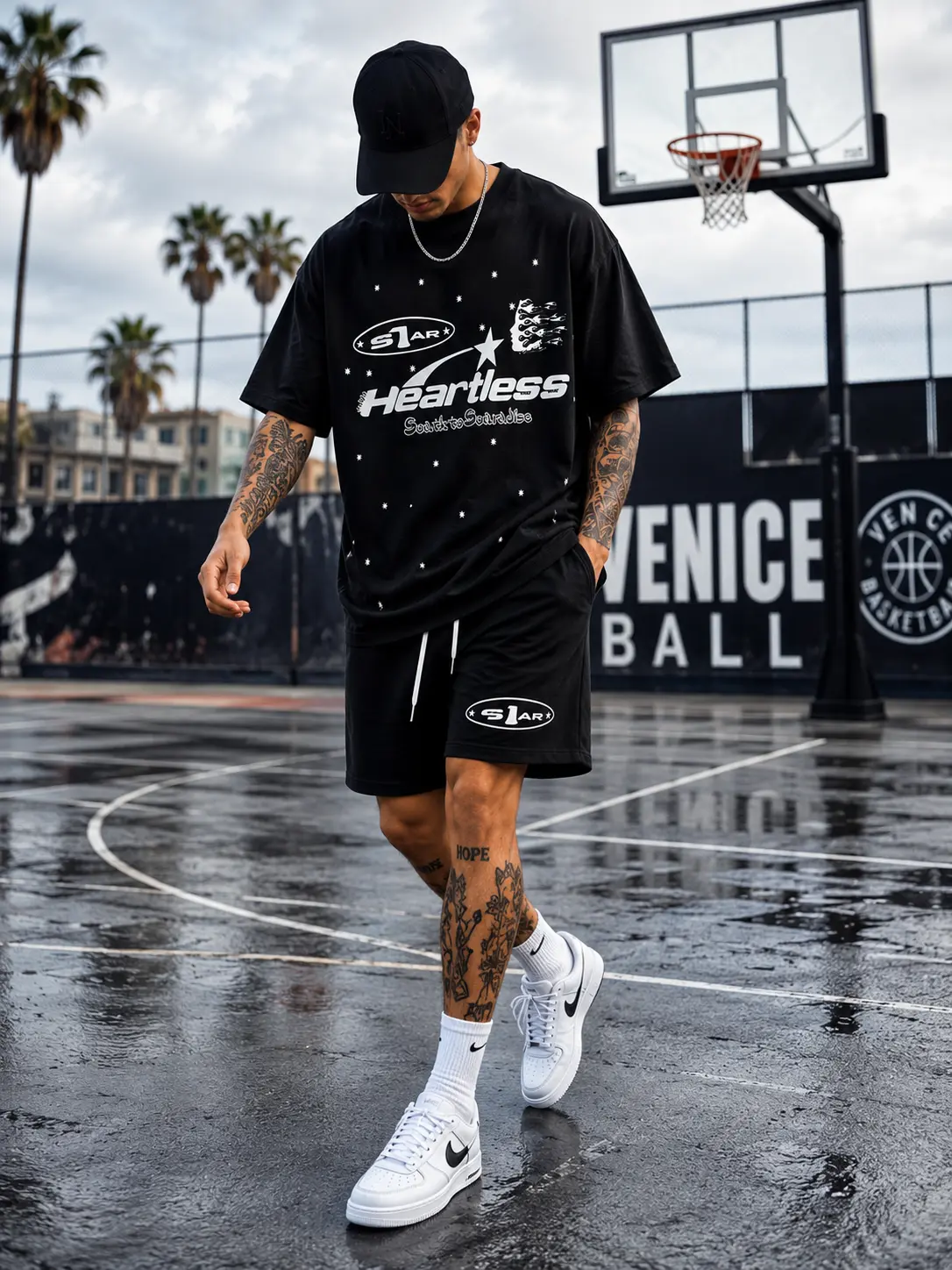 Men's 2PC "Star Heartless" Y2K Cyber Print T-Shirt & Shorts Set, Lightweight, Breathable, Soft Comfort, Streetwear, Casual Outfit For Summer, Vacation, Daily Wear & Outdoor Activities