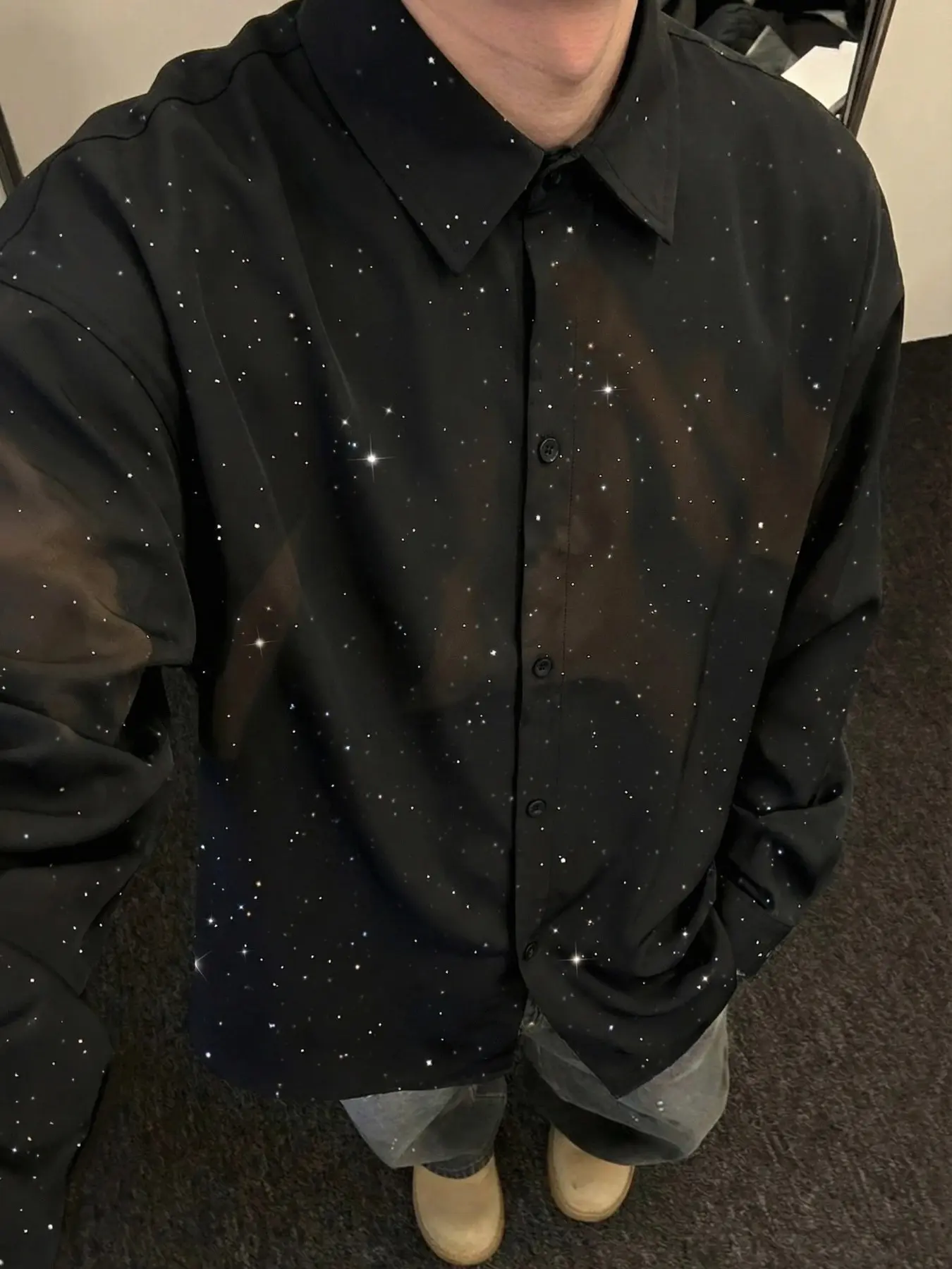 Men's Oversized Starry Night Sparkle Shirt, Button Up Long Sleeve, Party Casual Tops, All over Print, Spring & Fall Fashion