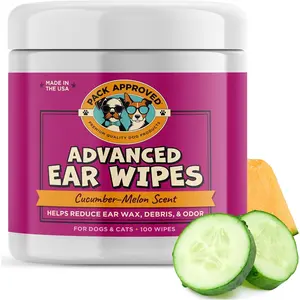 Pack Approved Advanced Ear Wipes for Dogs & Cats with Aloe Vera - Gentle, Non-Irritating Ear Cleaner for Cats and Dogs - Helps Deodorize and Remove Ear Wax - Cucumber Melon Scent (100 Wipes)