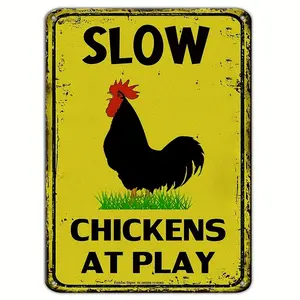 1pc, Slow Chicken at play Warning or chicken Crossing sign, rust-proof metal sign, reflective, fade proof, UV proof, weatherproof for up to 7 years indoor and outdoor use 12x8 inch, display stand, family room wall decoration, wall decoration plaque