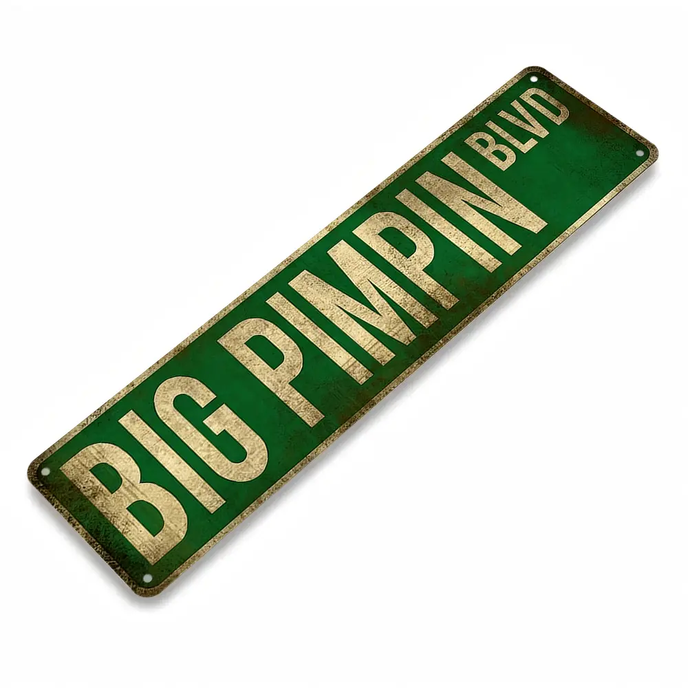 Big Pimpin Blvd Flat Aluminum Street Sign, Retro Distressed Funny Wall Decor, Green & Gold Weathered Design, 16x4 Inch Ornament, Fit for Man Cave Garage, Trendy Retro Vibe Humorous Gift for Hip Hop Fans & Unique Decor Lovers