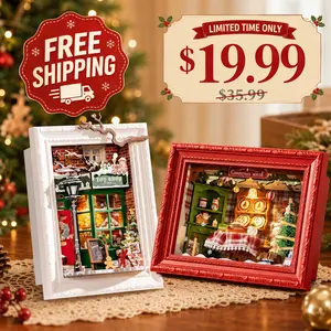 Graduation Gift Rolife DIY Miniature Christmas House Kit 3D Wall-Mountable Dollhouse Mini Room Building Set with Bright Red Frame for Adults Christmas Eve Party Decor