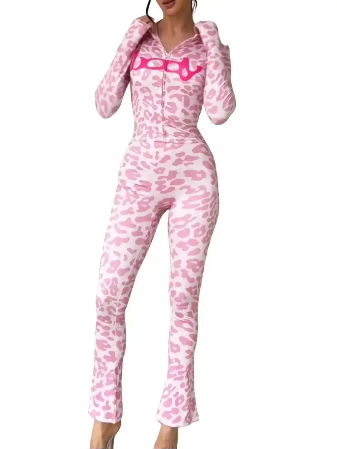 Trendy Leopard Print Fitted Zip Up Semi Sheer Casual Sweater and Legging Set Womenswear Suits