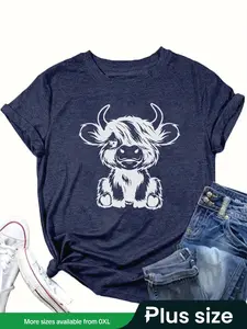 【Plus Size】Women's Plus Size Cartoon Highland Cow Print Short Sleeve Round Neck Casual T-shirt for Daily Wear, All-Season Womenswear Top