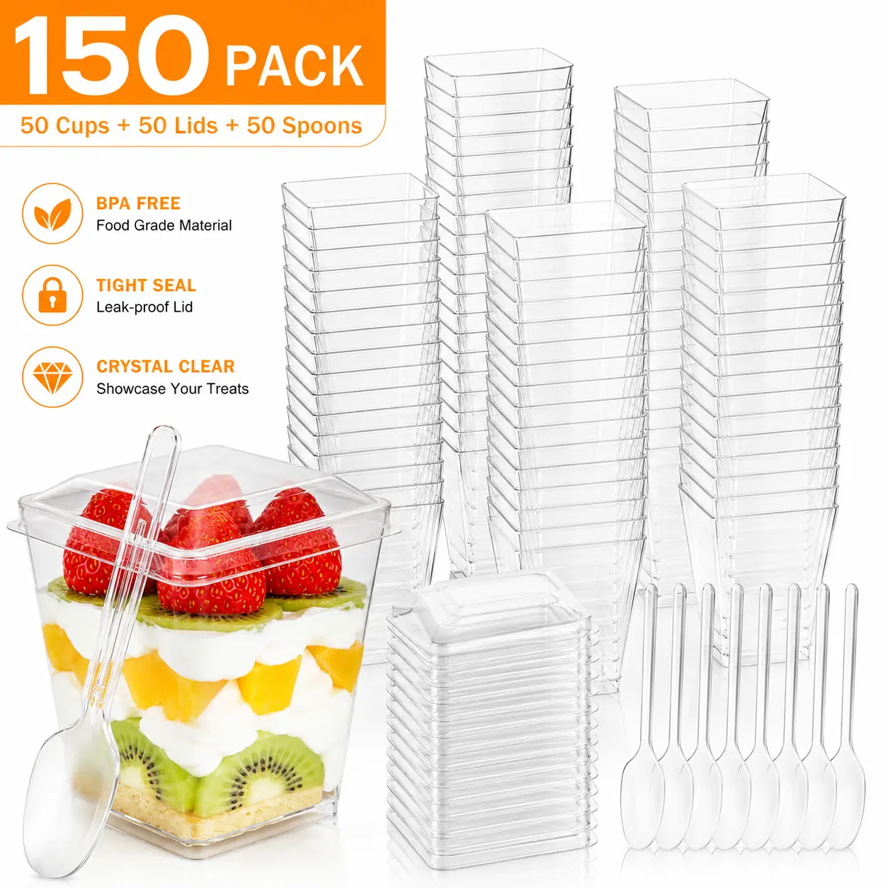 50PCS Clear Dessert Cups with Lids and Spoons, 5oz Square Parfait Cups for Pudding, Mousse, Yogurt, Ice Cream, Jello Shots, Tiramisu and Fruit Cups, Reusable Stackable Dessert Containers for Dessert Table Decor