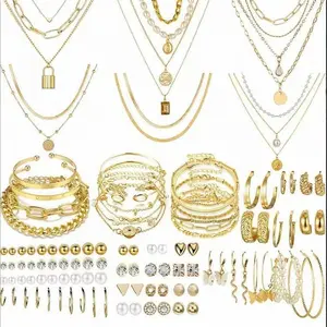 108 Pieces Gold Jewelry Set for Women Fashion Costume Jewelry Gold Plated Necklace Bracelet Ring Earrings Set for Women