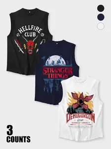3-Piece Unisex Stranger Things Theme Home Vest Tank Tops Set, Sleeveless Casual Fitted Letter Pattern, All-Season Wear, Perfect Inner Layer or Indoor Use