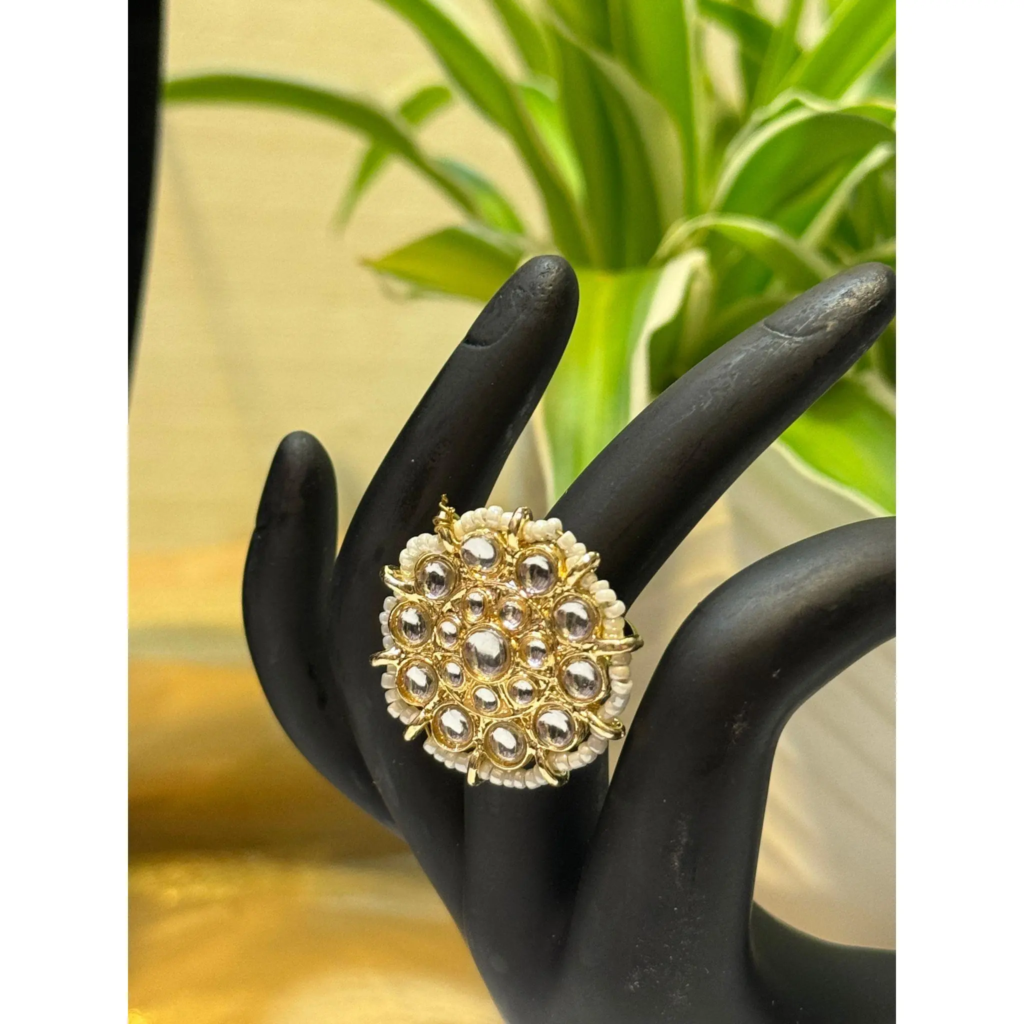 Gold Plated Kundan Stone Adjustable Finger Ring - White