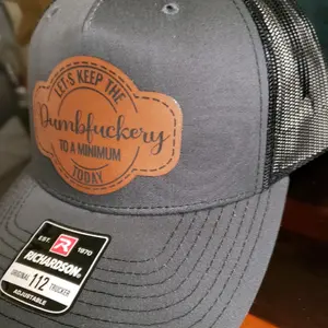 Richardson 112 trucker hats with laser engraved leather patch