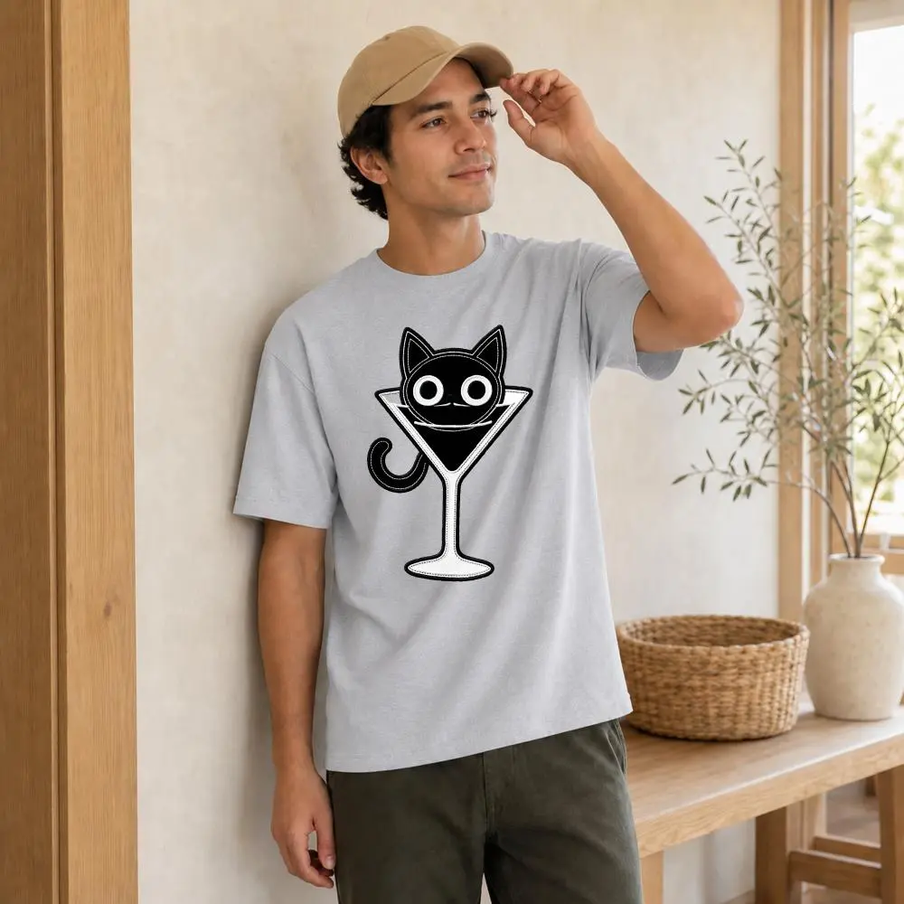XTAUTO Funny Cat In Martini Glass Graphic Tee, Unisex T-Shirt, Cute Kitten Cocktail Design, Casual Summer Wear, Gift For Cat Lovers And Friends