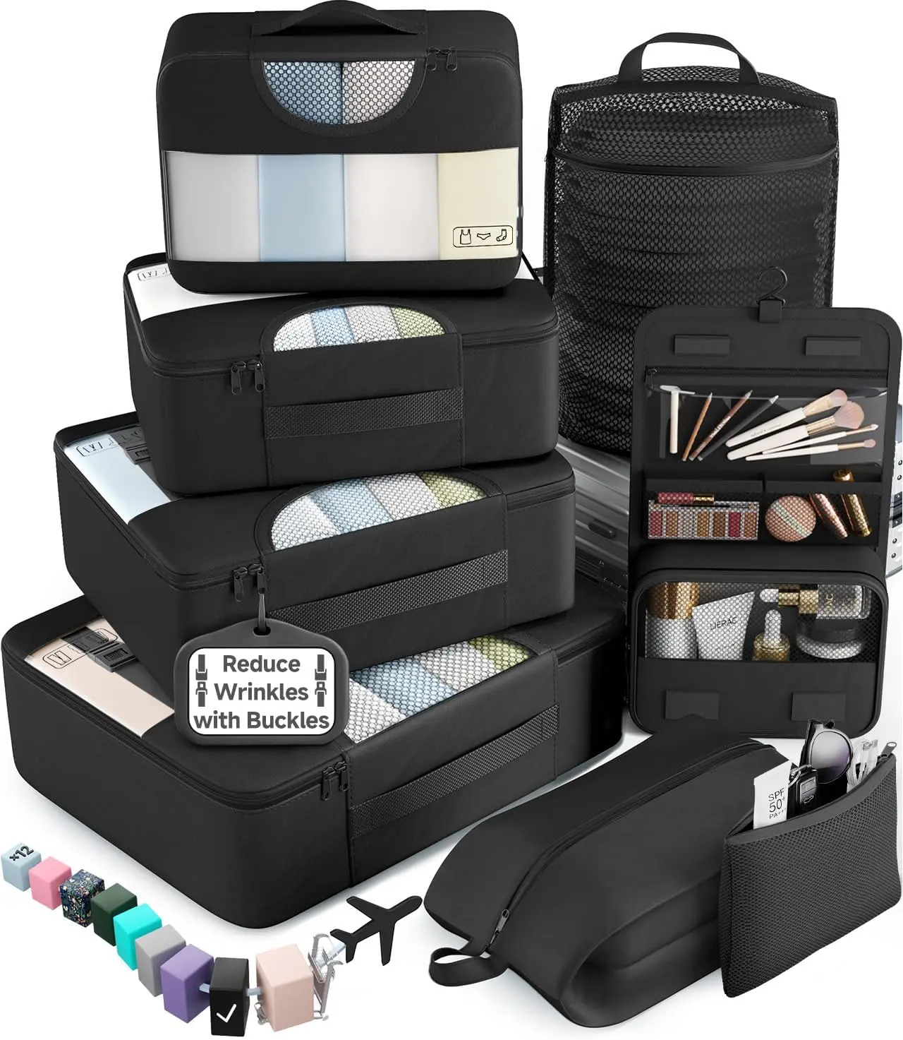 10 Set/8 Set Packing Cubes for Travel Essentials,Anti-Wrinkle Buckled Suitcase Organizer for Shoe & Toiletry Bag,Carry On Luggage Bag for Airplane & College Dorm Room Accessories,Women Men Gifts