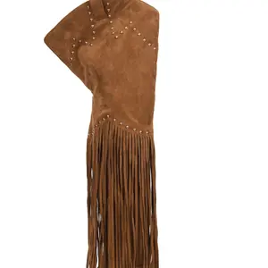 Brown Vegan Suede Block Heel Fringe Studded Thigh Western Boots Size 8