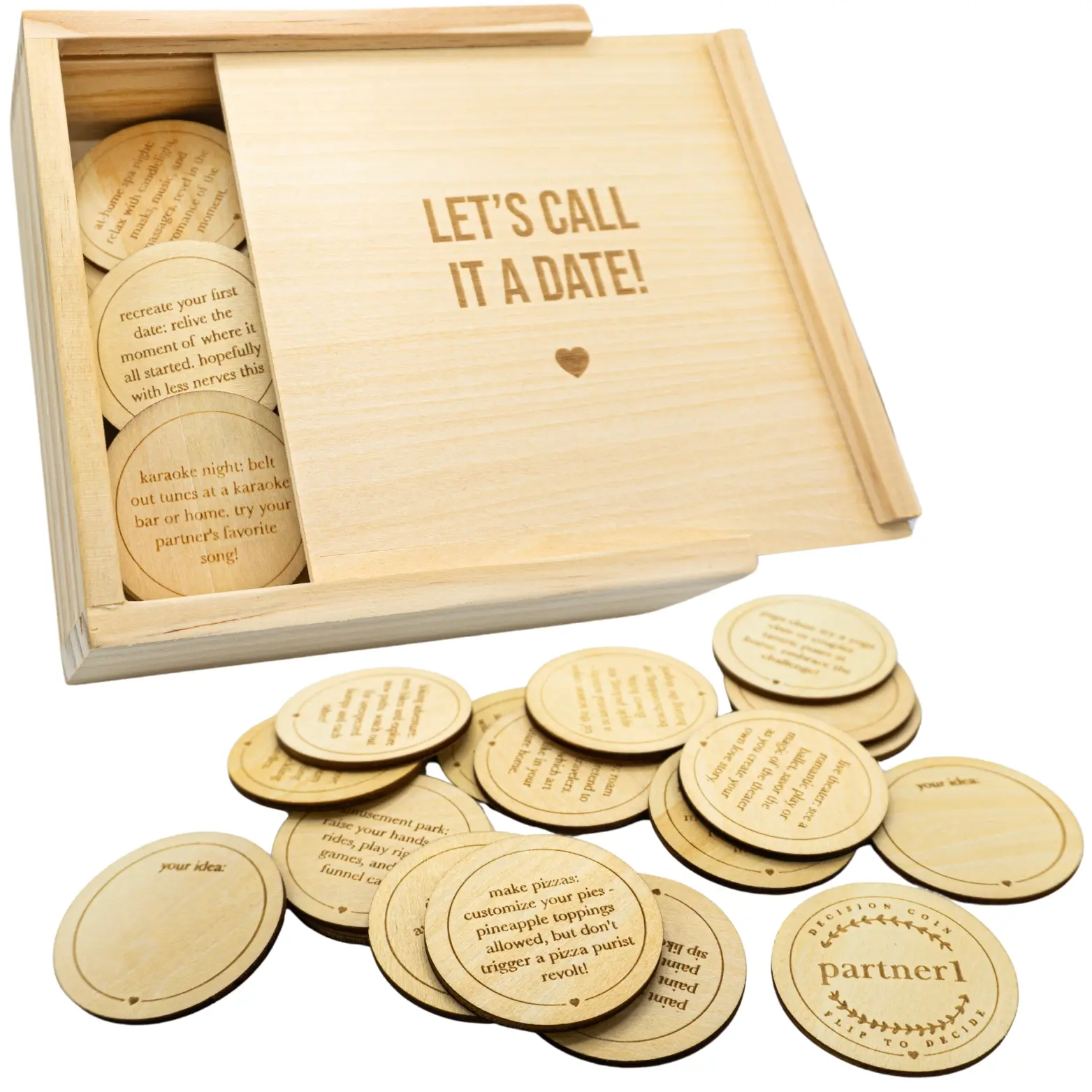 Date Night Box Game - 52 Romantic Date Ideas + 4 Personalized Dates & Decision Maker Coin - Fun Gift for Couples, Anniversaries, Weddings, Bridal Showers Bachelorette Parties, Him & Her, Anniversary