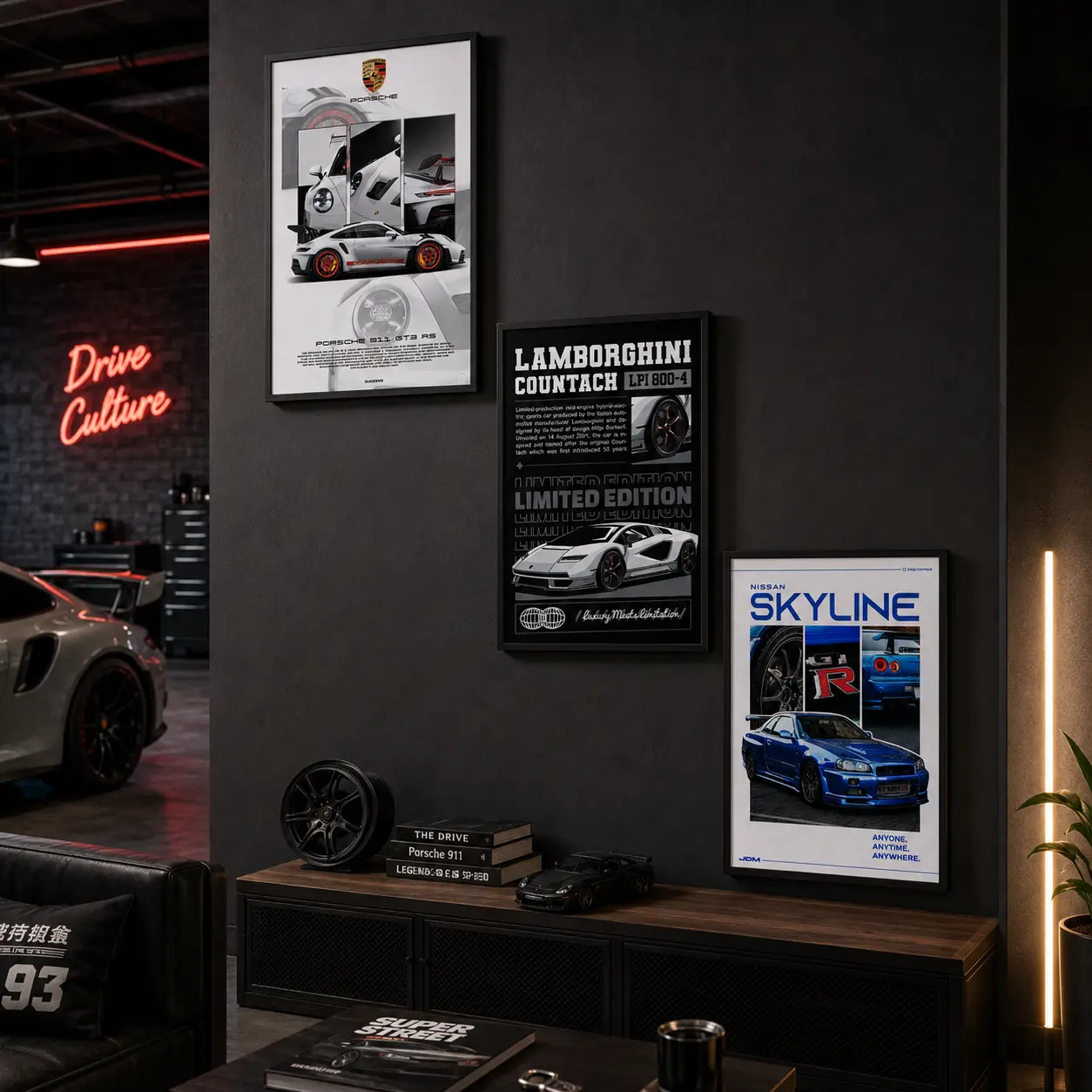 JDM & European Supercar Retro Unframed Poster Set - Porsche 911 GT3 RS, Lamborghini Countach LPI 800-4, Nissan Skyline GT-R R34 Matte Paper Prints, Fade Resistant Home Decor for Lounge, Gift Idea for Car Enthusiasts