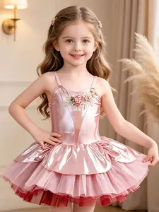 Girls' Rose Gold Spaghetti Strap Ballet Tutu Dress - 3D Floral Rose Embroidery, Double-Layer Satin Ruffle 2-Tone Tulle Skirt for Dance Recitals, Birthday Parties