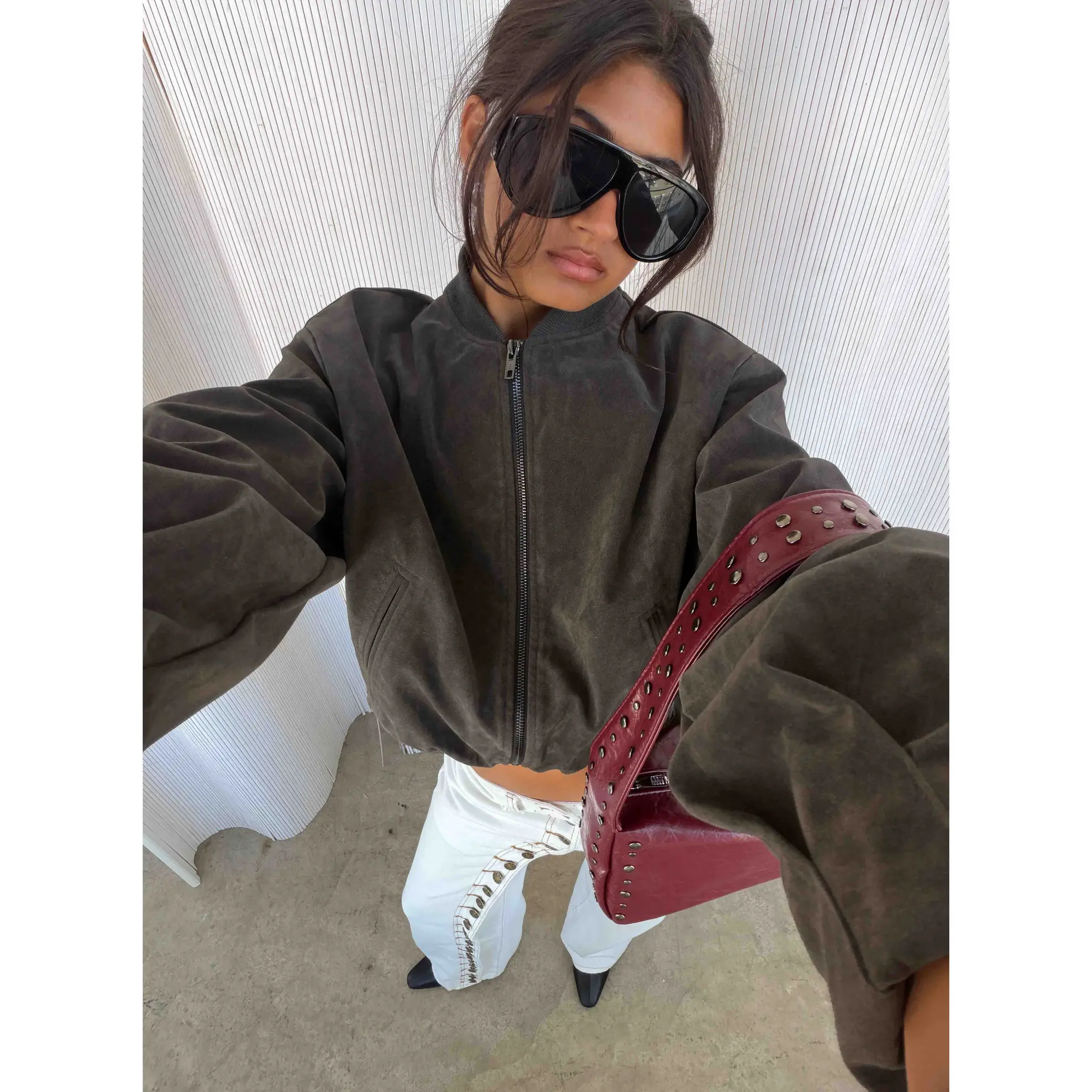 Mastery Faux Suede Bomber Jacket Charcoal