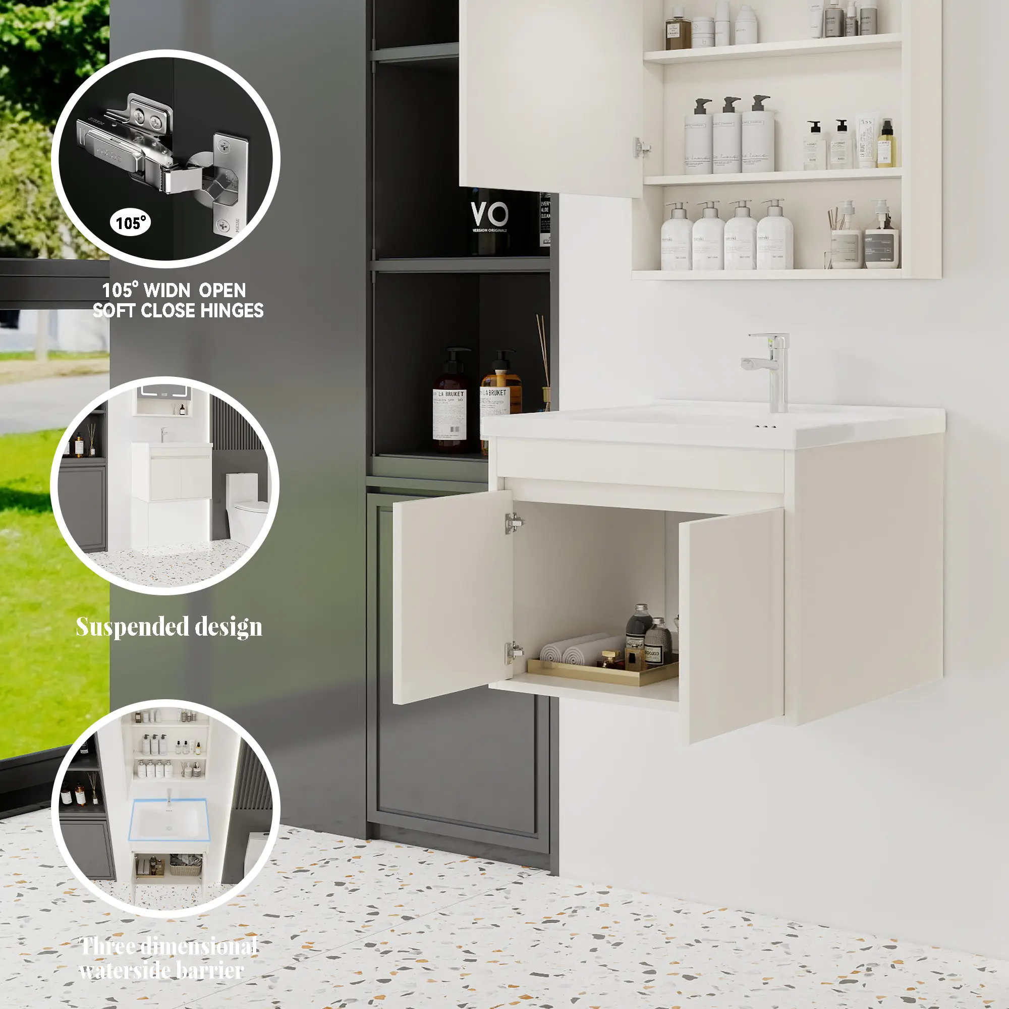 24-Inch Khaki Modern Floating Wall-Mount Bathroom Vanity with Waterproof Plywood Cabinet, Soft-Close Double Storage Doors, Integrated Anti-Splash Ceramic Sink, Flat-Pack Assembly Required