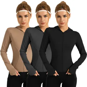 3 Pack Zip Up Hooded Yoga Jackets for Women, Long Sleeve Slim Fit Athletic Workout Tops with Thumb Holes, Quick Dry Lightweight Activewear