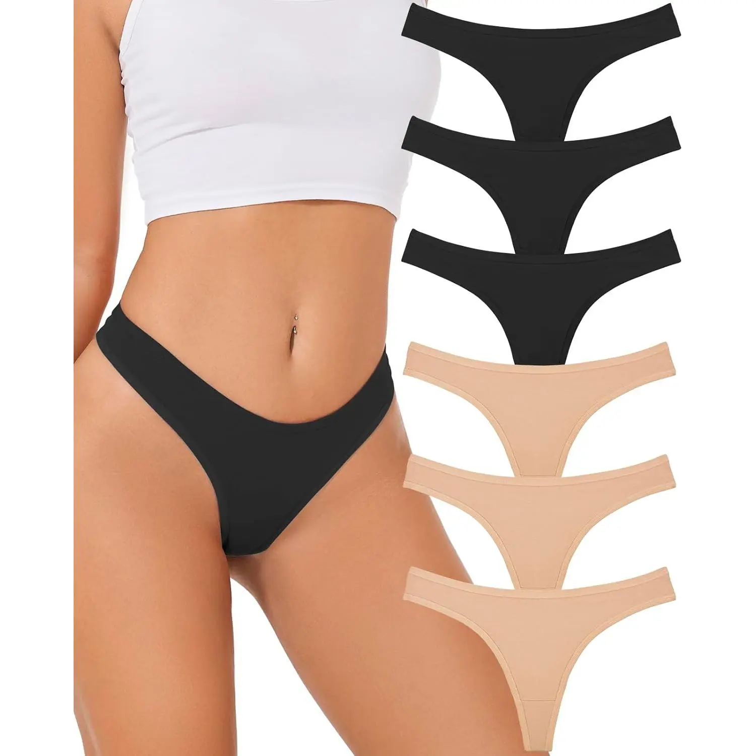 Cotton Underwear for Women T-Back Thongs, Soft Seamless Low Rise No-Show Multi-Pack for Daily Wear, Hand Wash, Fit Panties, Elastane, True-To-Size, Seamless Soft, Solid Plain, Low Waist, Basic, Casual Soft Panty