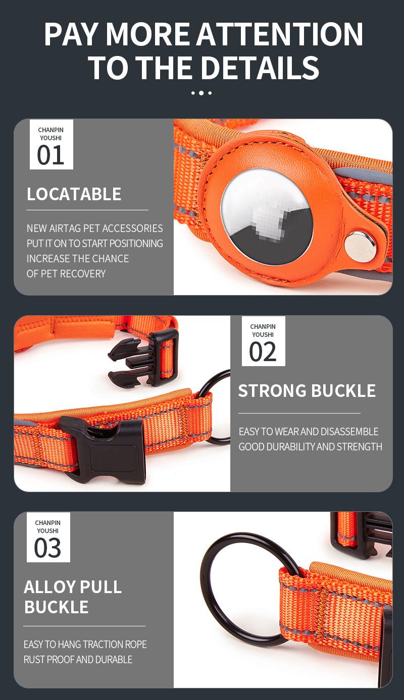 Pet Positioning Tracker Collar - Orange Adjustable Nylon Webbing with Neoprene for Small to X-Large Dogs - Secure Airtag for Tracking & Safety - Lightweight & User-Friendly App - Durable Construction