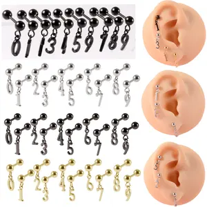 Stainless Steel Digital Pendant Earrings Electroplated Steel Ball Straight Earrings Earbone Stud 16G Screw Ball Earbone Ring