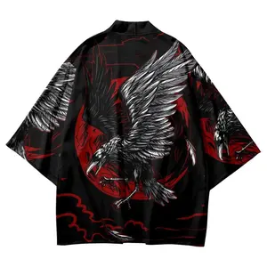 Fashion Crow Print Cardigan Kimono Harajuku Women Men Yukata Female Japanese Streetwear Traditional Haori Samurai Clothing Robe Womenswear Uniforms