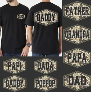 Custom Distressed Camo Dad T-Shirt, Vintage Camouflage Daddy Shirt, Retro Varsity Dad Tee, Hunting Dad Graphic Shirt, Father’s Day Gift For Dad Grandpa Papa, Outdoor Dad Shirt, Men’s Casual Tee, Full Colors, Full Sizes