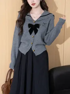 Women's Spring Vintage Navy Bow Tie Sweater Cardigan, Retro Style Loose-Fitting Knitwear, Plain Pattern, Fall & Winter Fashion