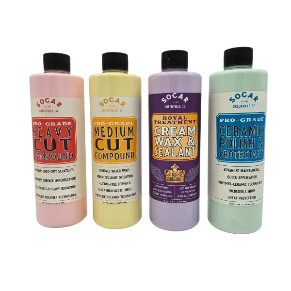Socar Chemical 4-Piece Car Detailing Buffing Compounds Set - 4 Types Cut & Polish Compound, 2 Buff Pads, 2 Microfiber Cloths for Automotive Car Washing & Maintenance Detailing Products Chemicals