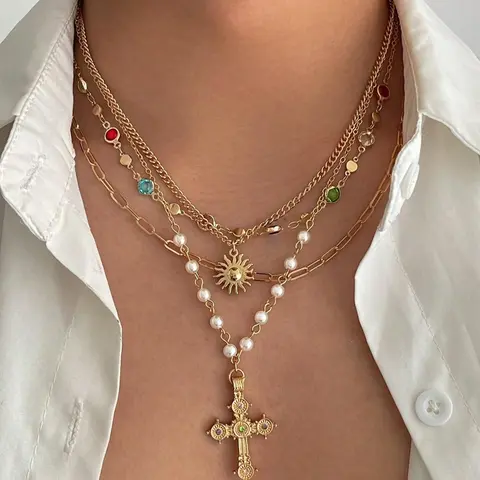 4-Piece Vintage Multi-Color Rhinestone Cross Sun Pendant Necklace Set, Adjustable Hip Hop Punk Jewelry for Men, Couples Necklace